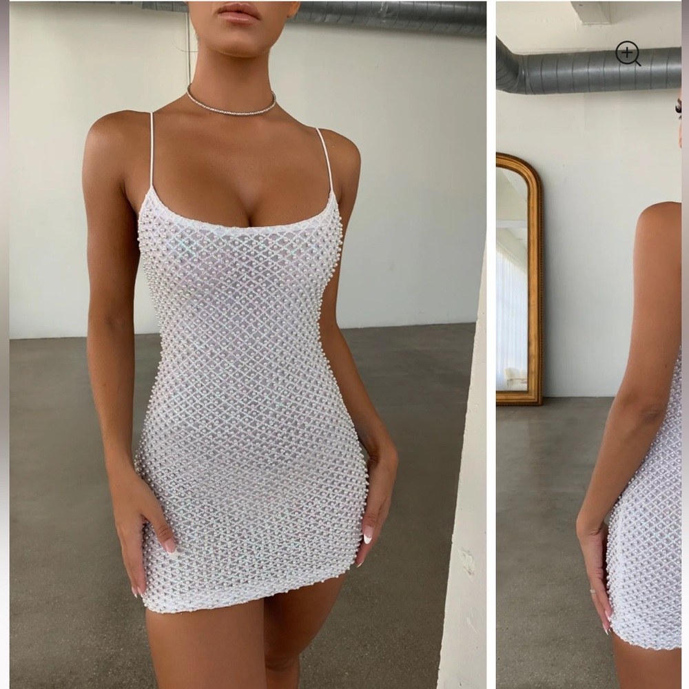 Drop a glint embellished mini dress in white oh poly